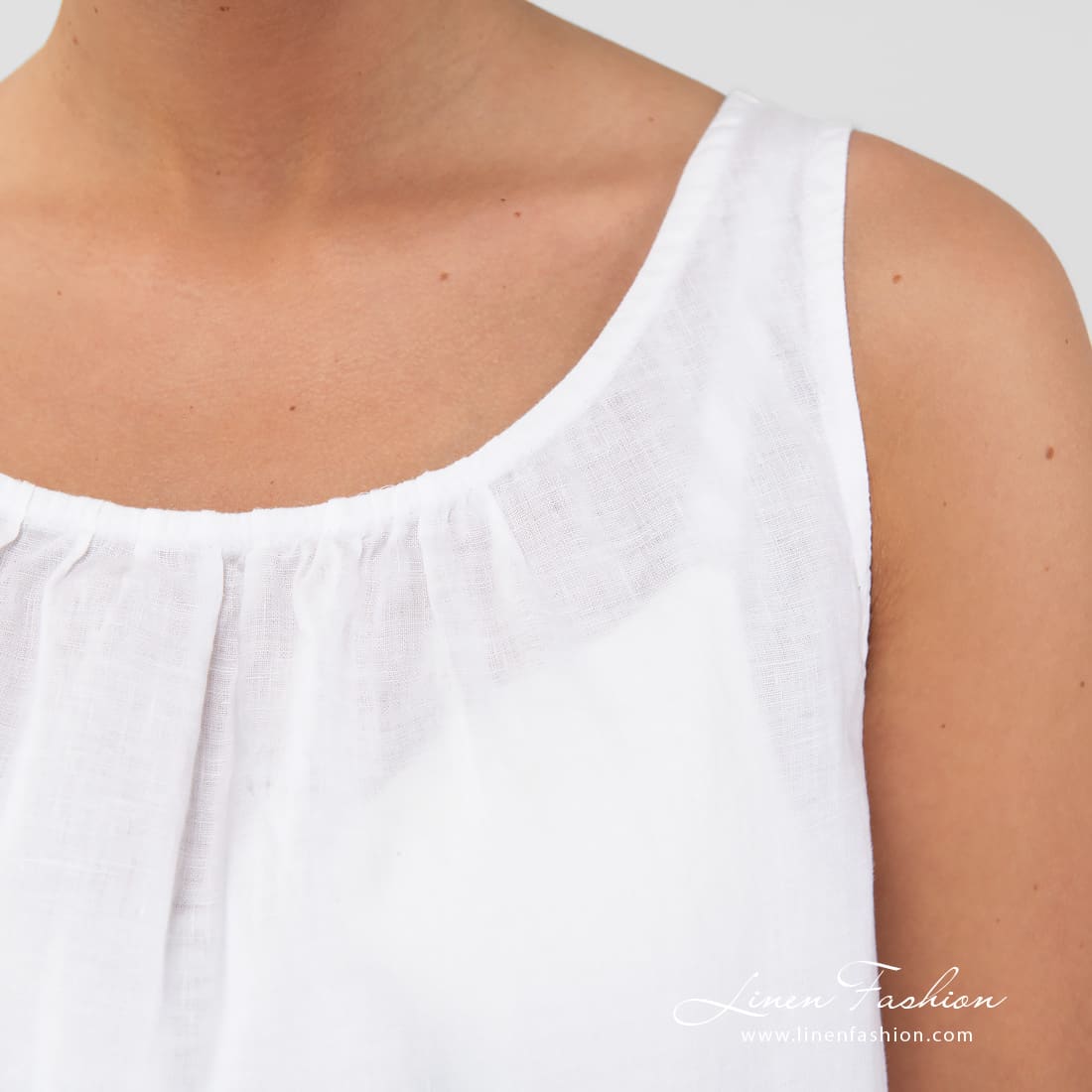 BAHAMA White Linen Night Dress. Sleeveless, Knee Lenght.