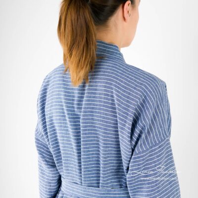MARY Bathrobe blue 11 Linen womens bathrobe in blue with stripes.