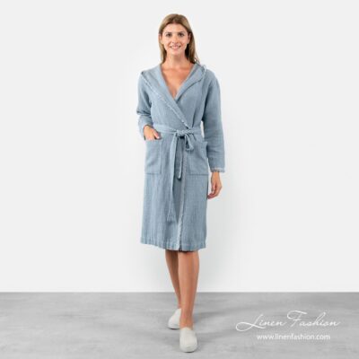 VILMA Bathrobe bluish 10 Linen-cotton womens bathrobe with fringes in blue color.