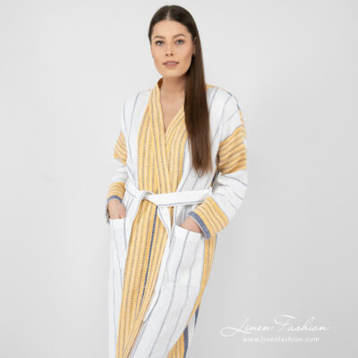 KORA Bathrobe white striped 8 striped bathrobe linen cotton, washed.