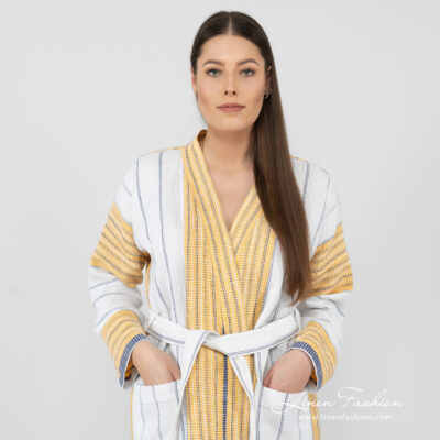 KORA Bathrobe white striped 9 striped bathrobe linen cotton, with pockets.
