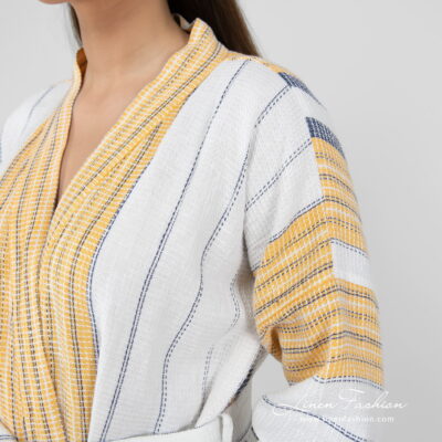KORA Bathrobe white striped 10 striped bathrobe linen cotton, yellow blue stripes.