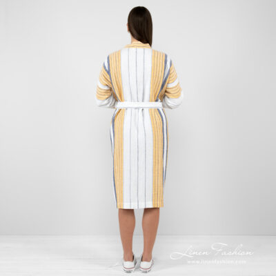 KORA Bathrobe white striped 12 striped bathrobe linen cotton from backside.