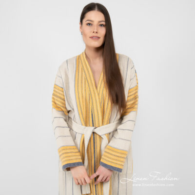 KORA Bathrobe beige striped 9 linen cotton beige striped bathrobe, washed.