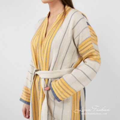 KORA Bathrobe beige striped 10 linen cotton beige striped bathrobe, long sleeves.
