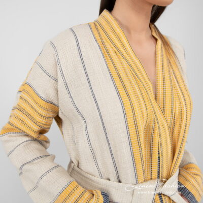 KORA Bathrobe beige striped 11 linen cotton beige striped bathrobe yellow blue.