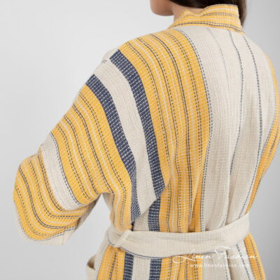 KORA Bathrobe beige striped 12 linen cotton beige striped bathrobe, waffle design.