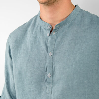 MARTIN Shirt aqua blue 8 Aqua-blue linen men's shirt, banded collar