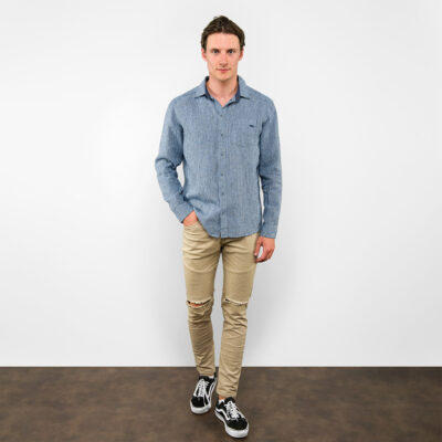 LONGO Shirt blue 7 Checked blue linen men's shirt, full view