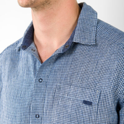 LONGO Shirt blue 8 Checked blue linen men's shirt, regular collar