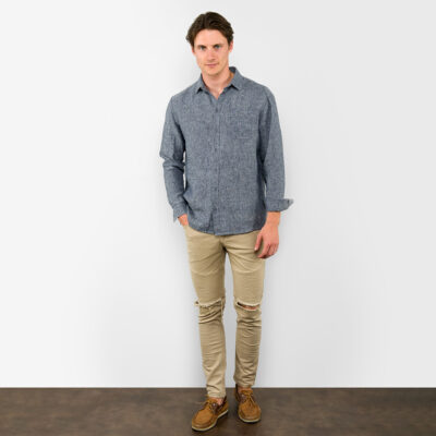 LONGO Shirt dark blue 7 Dark blue linen men's shirt, full view