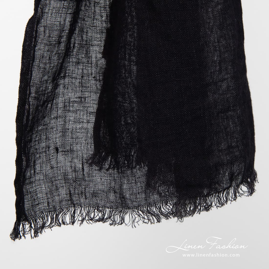 HALE Shawl black 3 Black onyx linen scarf fringes