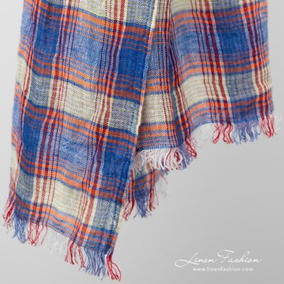LOTTO MAX Shawl blue 6 Linen checked scarf fringes