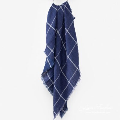Blue colored linen scarf, checkered.