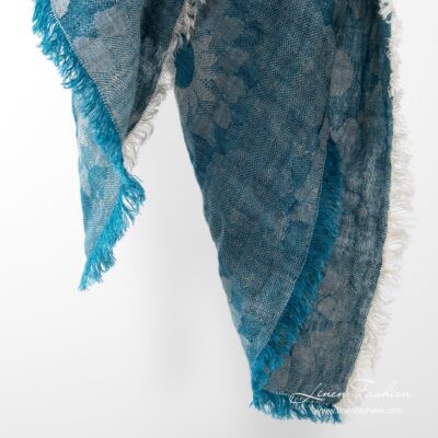 Washed linen blue scarf, floral jacquard