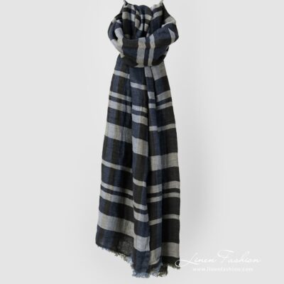 BUGA Shawl blue checked 5 Checked pure linen blue shawl