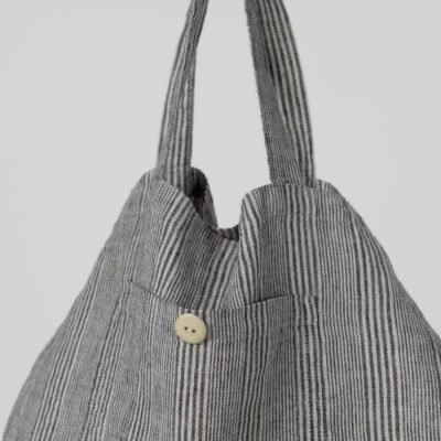 SAGA Tote bag grey striped 6 Grey striped linen tote bag with button