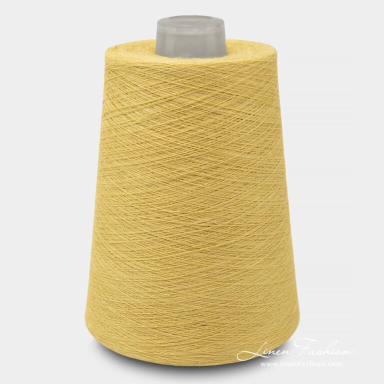 Linen yarns on cone in yellow color.