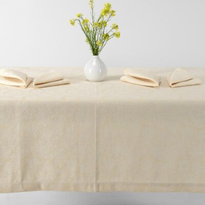 Cream floral linen cotton tablecloth, white and cream yarns