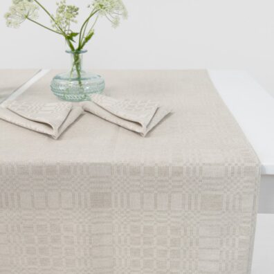 Beige linen cotton table runner, check pattern
