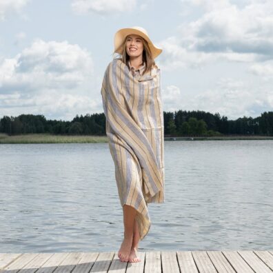 Yellow linen beach towel with blue stripes, pure linen