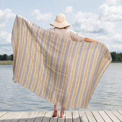 Yellow linen beach towel with blue stripes, large size