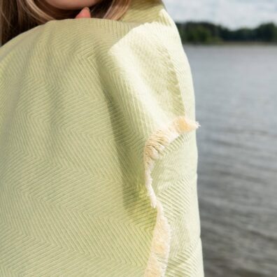 Green and yellow linen cotton beach towel, herringbone pattern