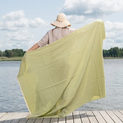 Green and yellow herringbone linen cotton beach towel, large size