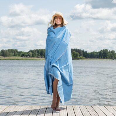 Light blue herringbone linen cotton beach towel, natural fibre