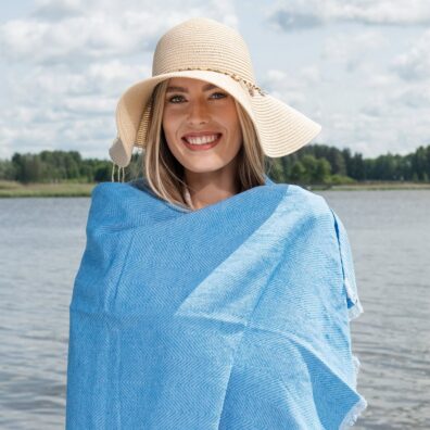 Light blue herringbone linen cotton beach towel, lightweight specially washed fabric