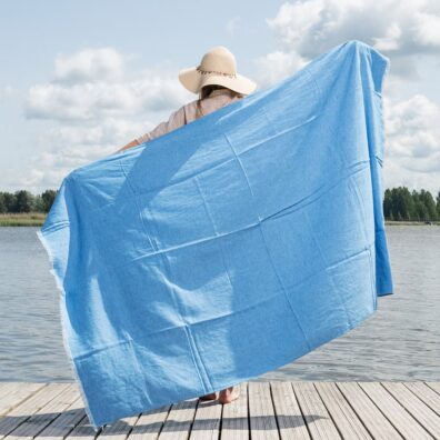 Light blue herringbone linen cotton beach towel, large size