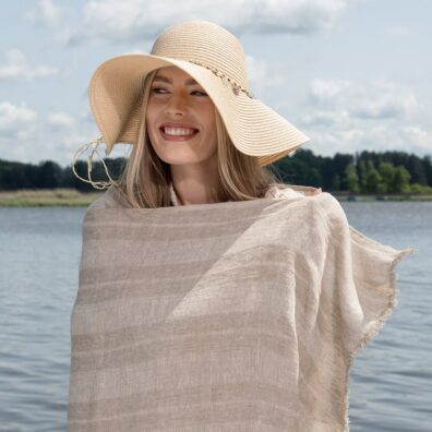 Linen beach towel in sand colour stripes, washed, softened fabric