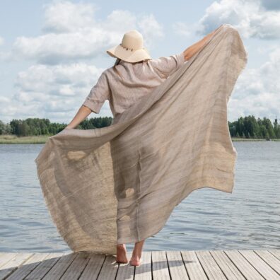Linen beach towel in sand colour stripes, large size