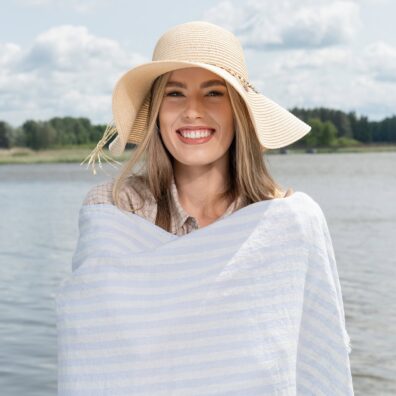 Linen beach towel in yellow and blue stripes, 100% linen
