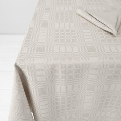 Beige checked linen cotton tablecloth, check pattern