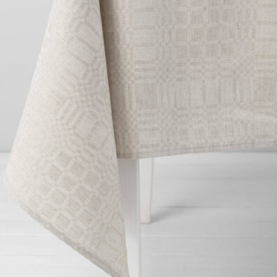 Beige checked linen cotton tablecloth, simple hem