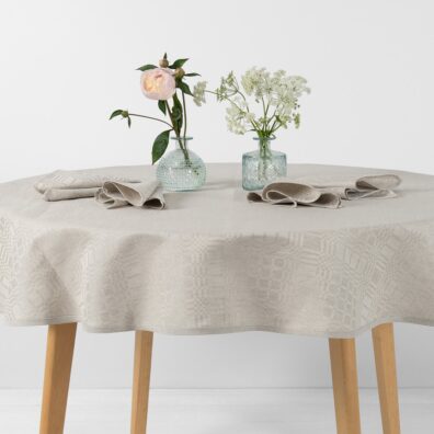Linen cotton round oval beige tablecloth, twill weave
