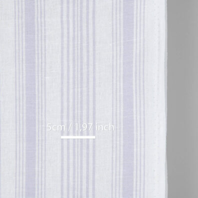 Narrow linen cotton fabric white with light violet stripes, with measurements