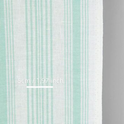 Narrow linen cotton fabric white with mint green stripes, with measurements