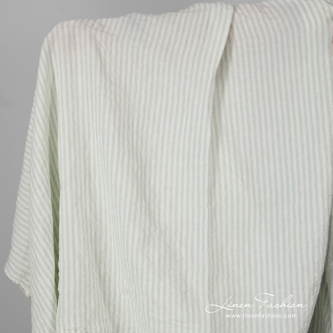 Wide linen fabric green stripes, washed.