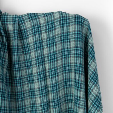 Wide washed linen fabric grey and turquoise checks