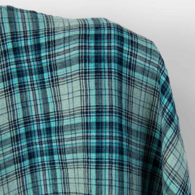 Wide washed linen fabric grey and turquoise checks, for curtains, bedlinen