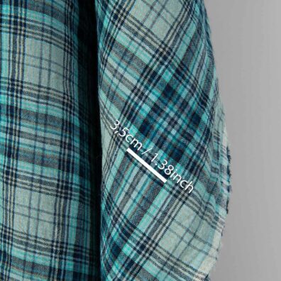 Wide washed linen fabric grey and turquoise checks, with measurements