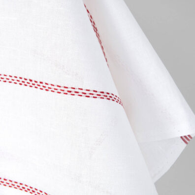 Linen cotton fabric white with red dashed stripes, 150cm width
