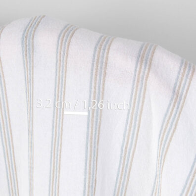 Washed linen cotton fabric white with blue and grey stripes, with measurements