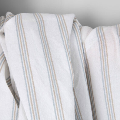 Washed linen cotton fabric white with blue and grey stripes, wide fabric