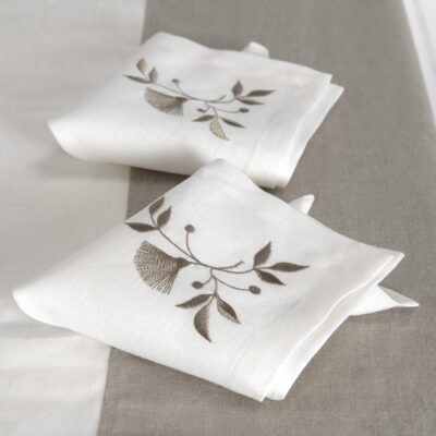ORSON Table napkin white 4 Off-white napkin with brownish floral stitching, 100% linen