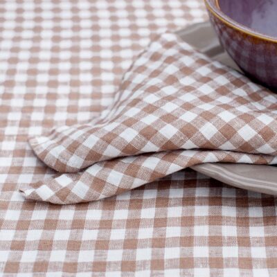 VICHY Tablecloth brownish 6 Checked brown linen tablecloth, pure linen