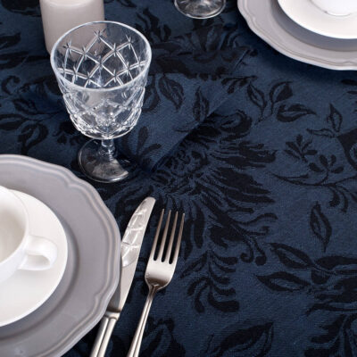 Dark blue floral oval linen cotton tablecloth