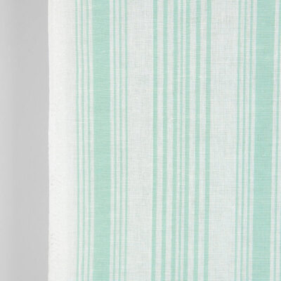 Narrow linen cotton fabric white with mint green stripes, 50cm wide